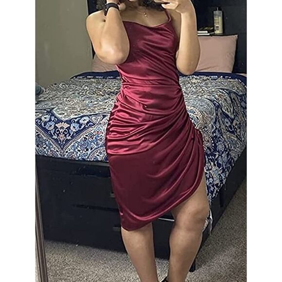 sateen Medium Sleeveless Spaghetti Strap Dress with Side Slit Midi Length - Picture 5 of 5